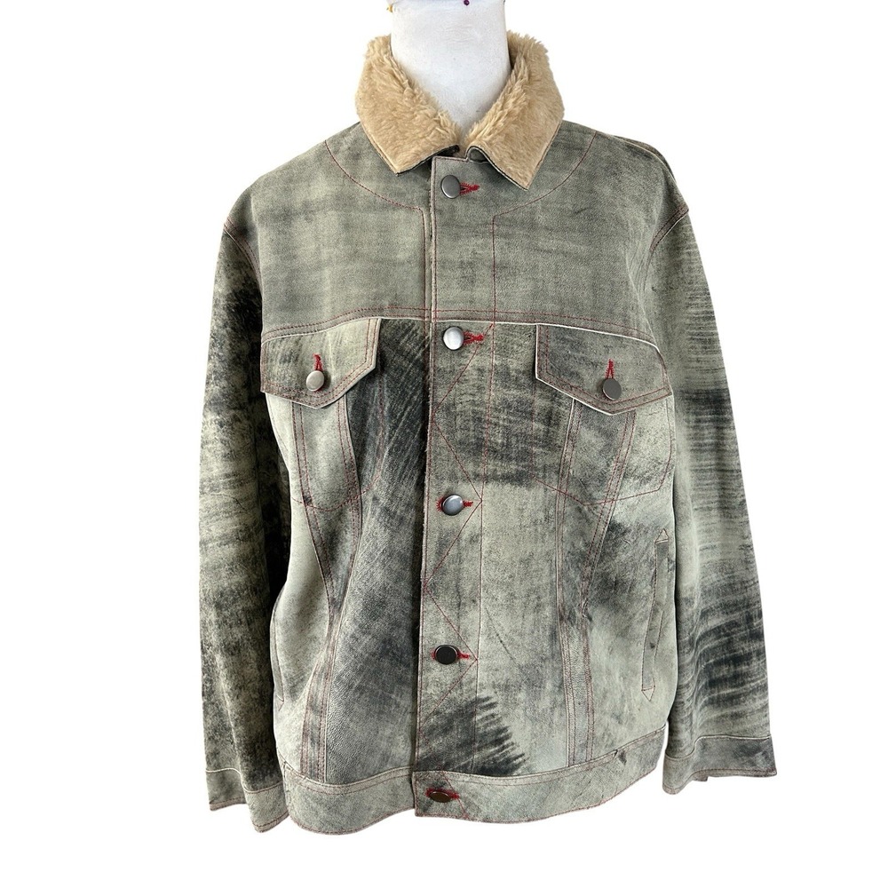 Jakett New York Distressed Patina Leather Jacket Fur Collar M Grey Red Stitch